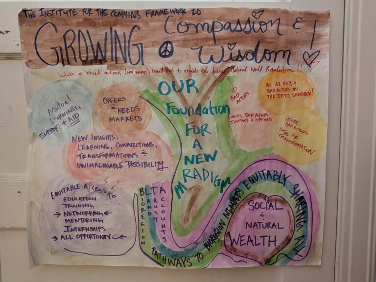 Large watercolor poster, The Institute for the Commons Framework 20: Growing Compassion and Wisdom, our foundation for a new paradigm, with offers and needs markets, bioregion land trust accounts, and no AI bots and bad actors in the IFTC sandbox.
