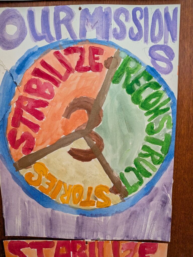 Watercolor wheel: Our mission, stabilize, reconstruct, stories.