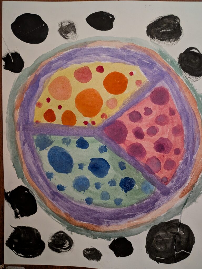 Watercolor: the same coloured dots gathered and sorted inside a bounded ring, the black dots outside the rim.