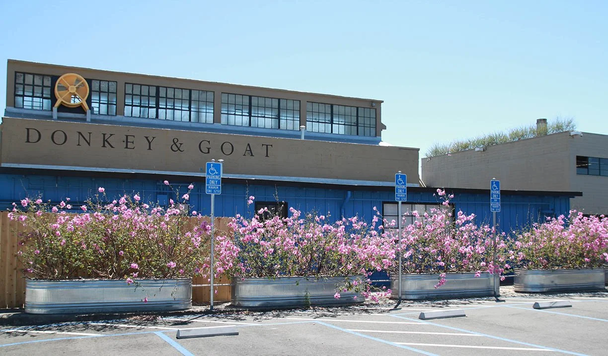 The same building as Donkey & Goat: blue-painted walls, clerestory windows, the winery name in tall letters, and troughs of flowering pink oleander along the parking strip.