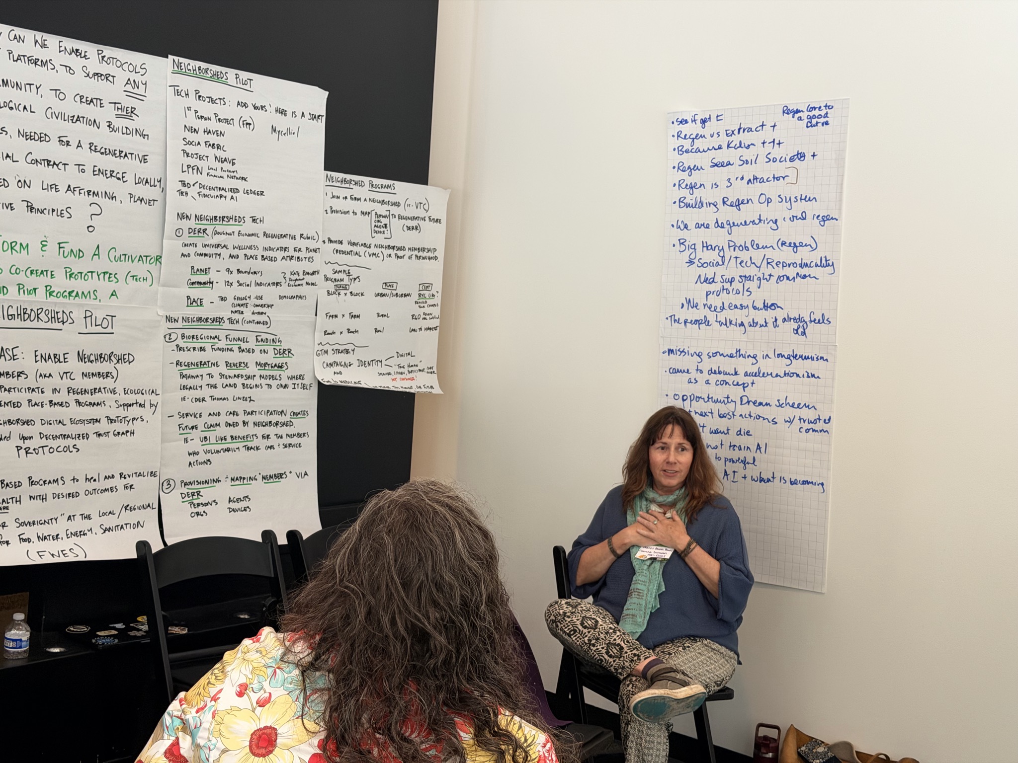 Tracey seated, hand on her heart, mid-sentence, in front of wall-mounted butcher paper covered in the handwritten Neighborsheds and DERR plan.