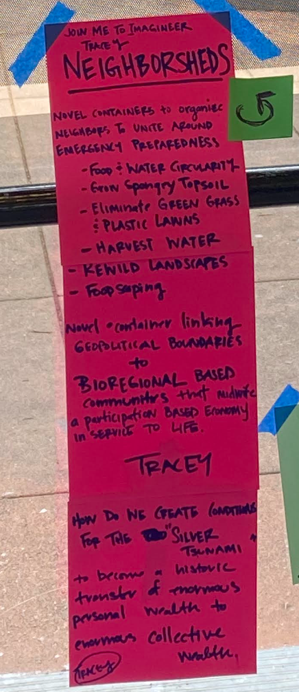 Hand-lettered pink session sheet: Join me to imagineer Neighborsheds. Novel containers to organize neighbors to unite around emergency preparedness, food and water circularity, spongy topsoil, rewilded landscapes and foodscaping.