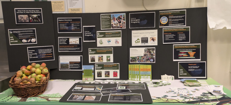 A conference table: black display boards covered in program panels, a basket of apples, stickers and flyers.